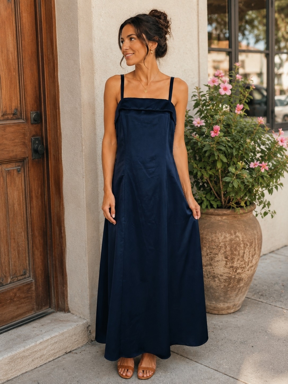 Navy Maxi Satin Slip Dress with Spaghetti Straps